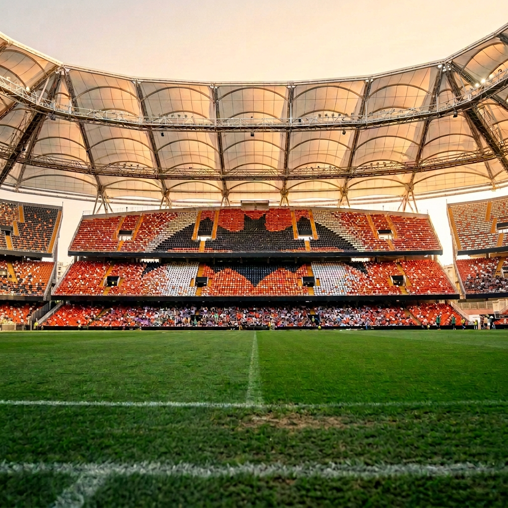 Football stadium with orange and black seats and covered roof