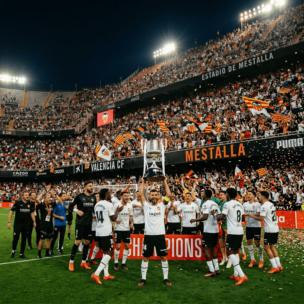 Valencia CF players celebrate with a trophy at Estadio de Mestalla