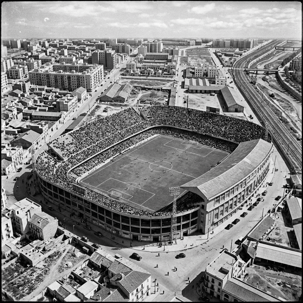 Aerial view of a crowded football stadium surrounded by city buildings