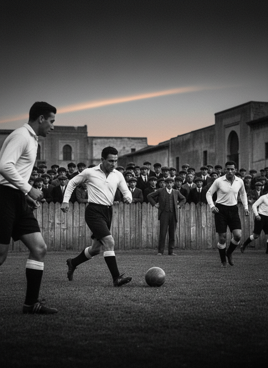 Escena de fútbol de época en blanco y negro con jugadores de camiseta blanca y público tras una valla