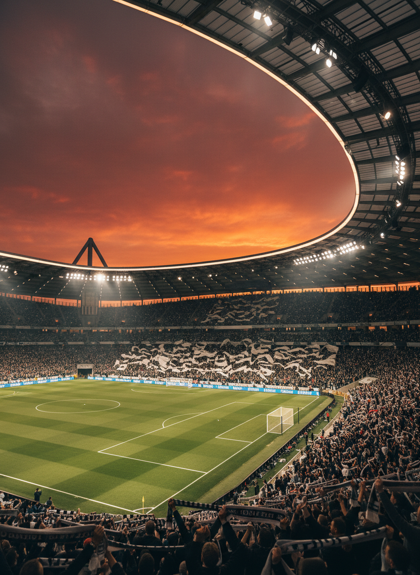 Estadio de fútbol lleno de aficionados al atardecer con bufandas en alto y luz anaranjada